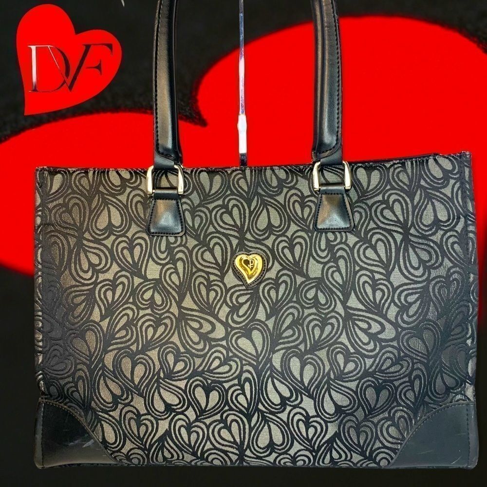 Diane Von Furstenberg Black Heart-Pattern Tote with Gold Emblem